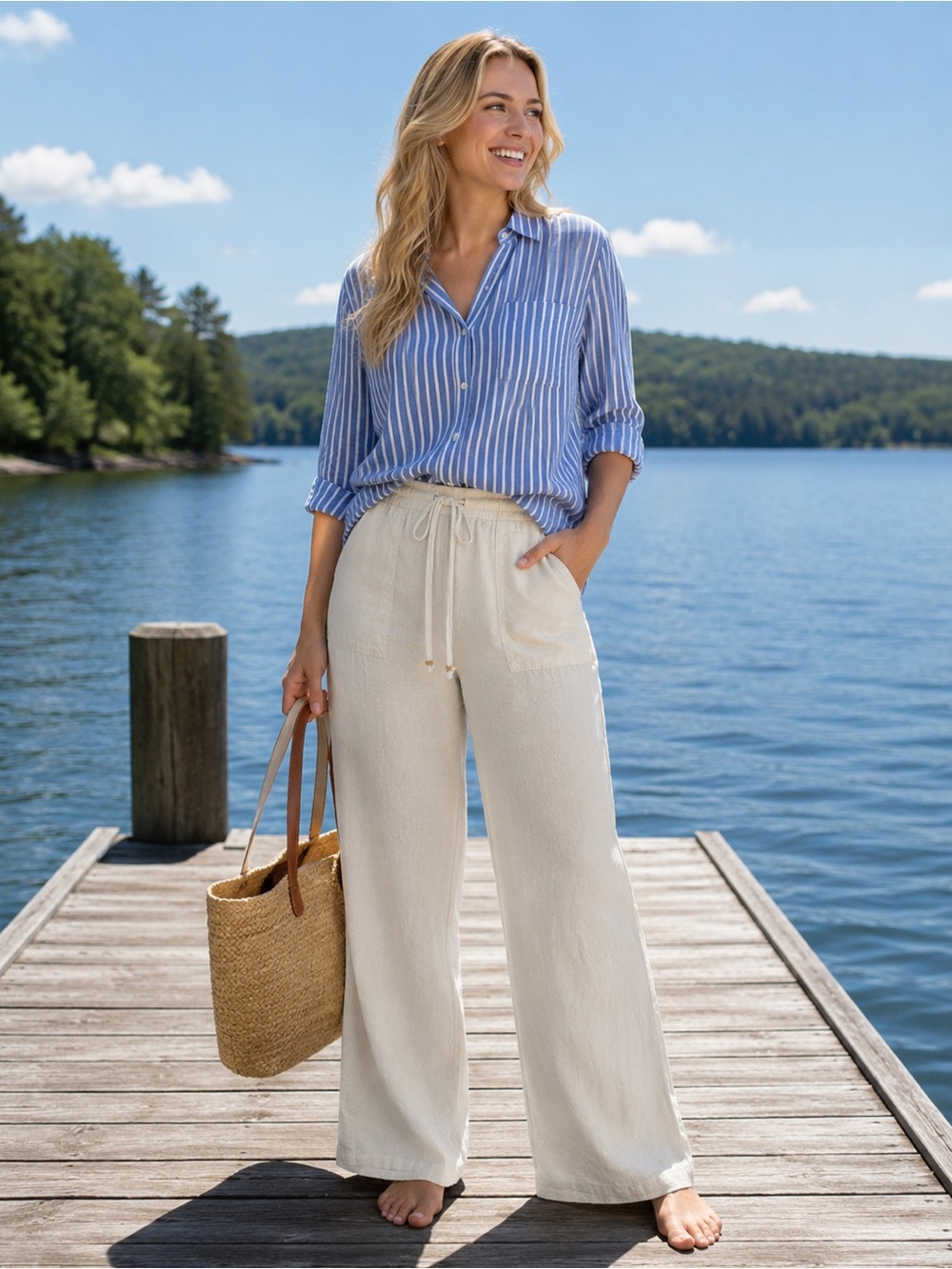 Just Living Linen Blend Wide Leg Pants – Women’s Large – Ivory/Cream